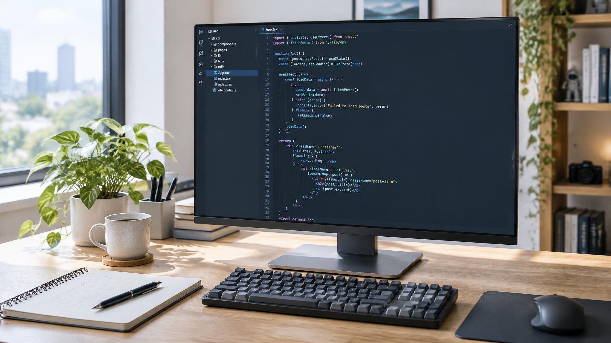 Monitor with source code on a developer desk