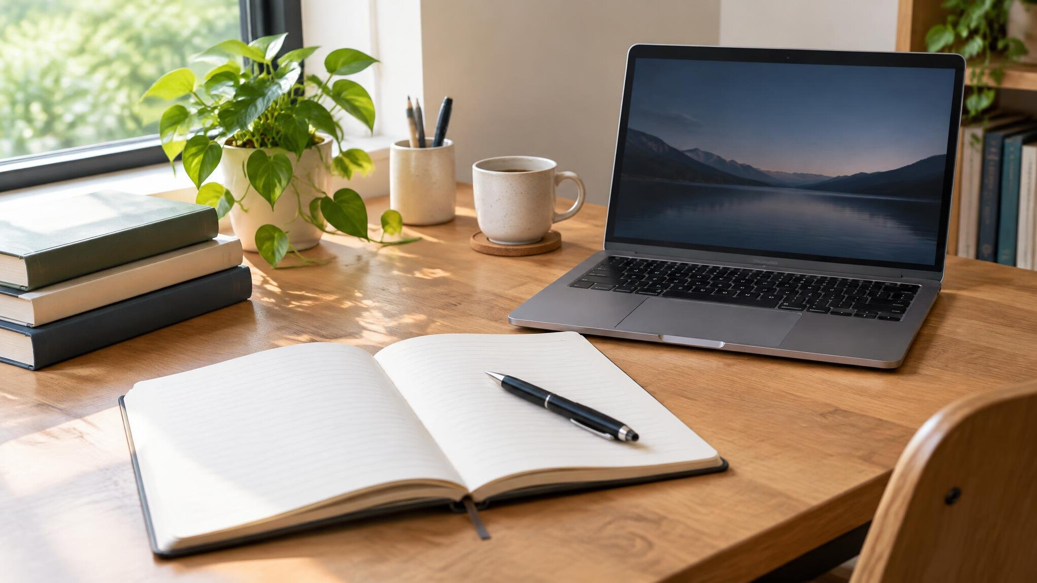 Study desk with open notebook and laptop