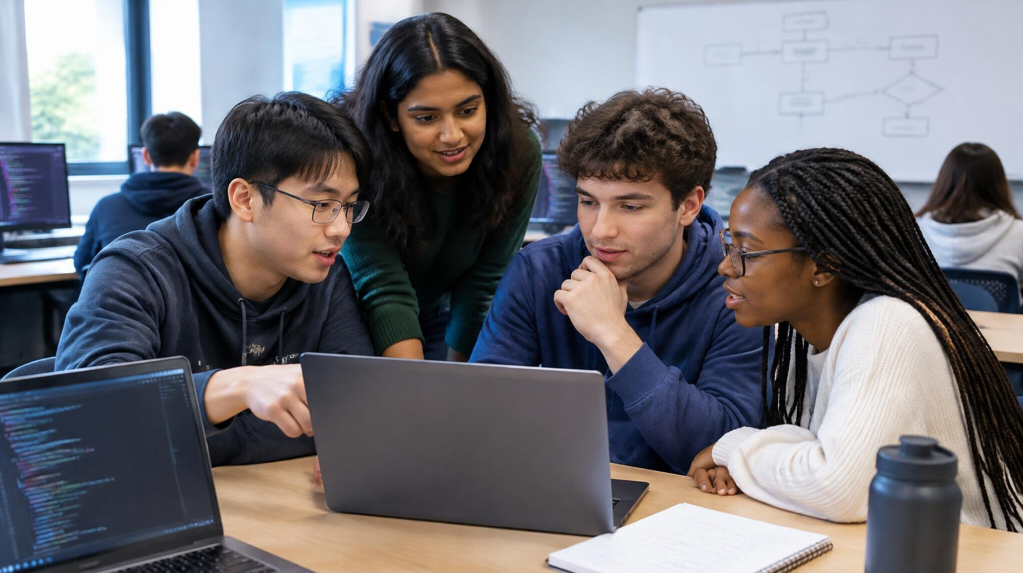 group of students discussing code