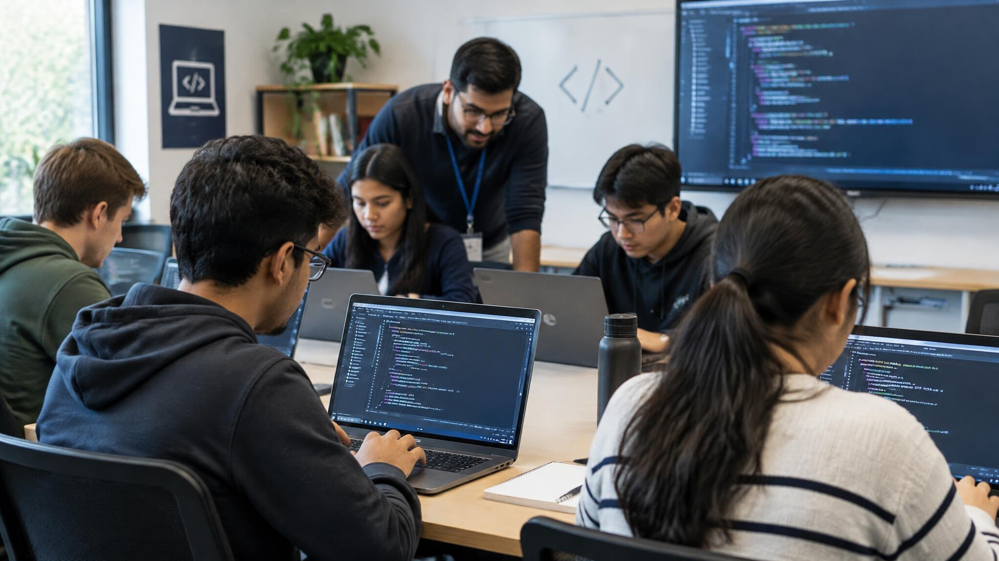 students learning coding in classroom