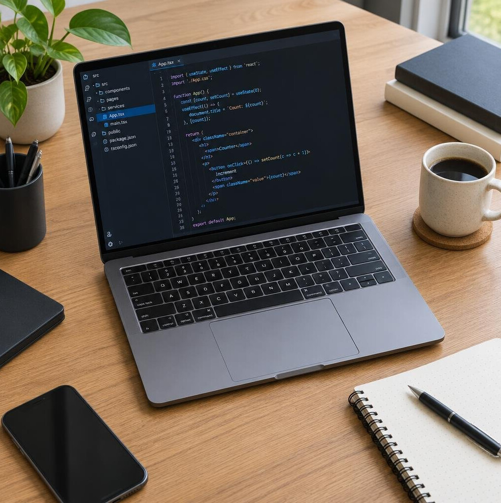 Desk with laptop and code editor open